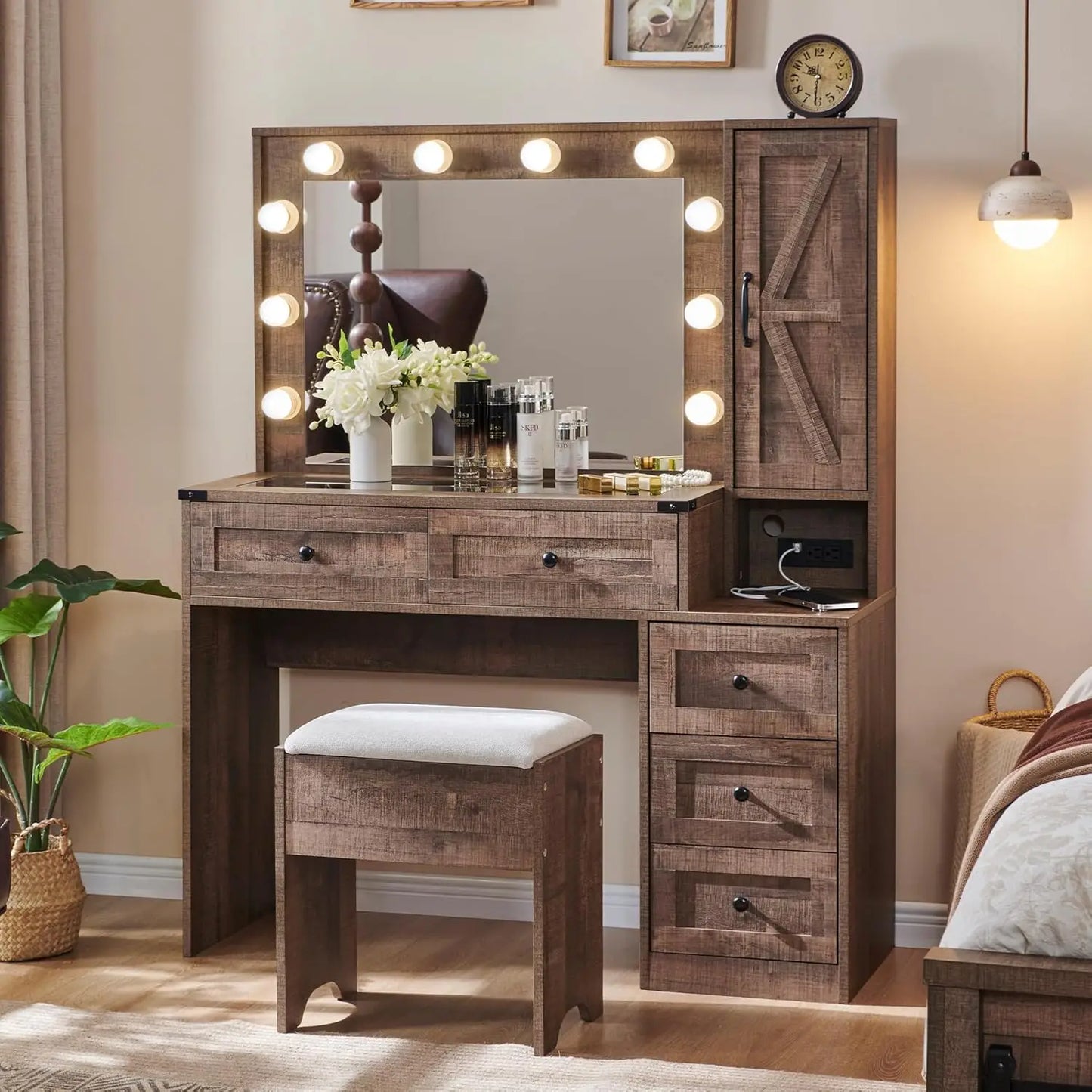 Farmhouse Vanity Makeup Desk with Charging Station