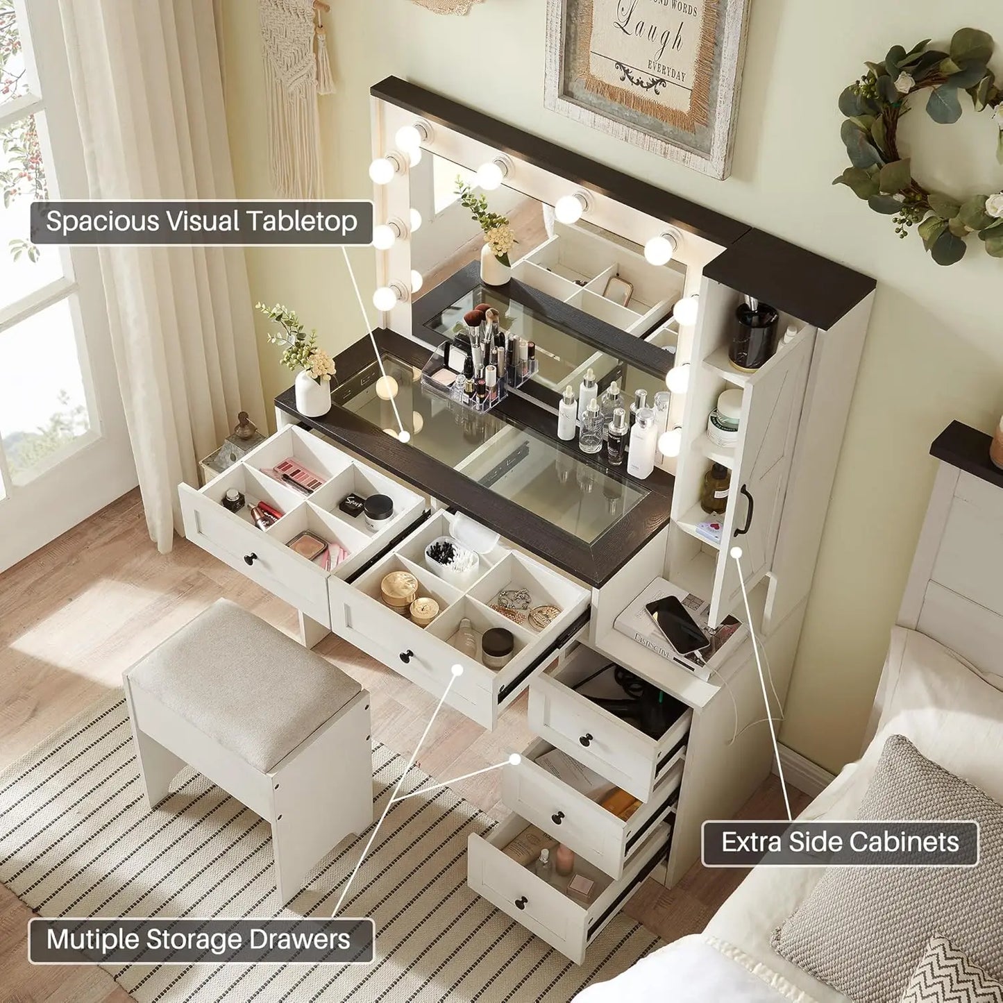 Farmhouse Vanity Makeup Desk with Charging Station