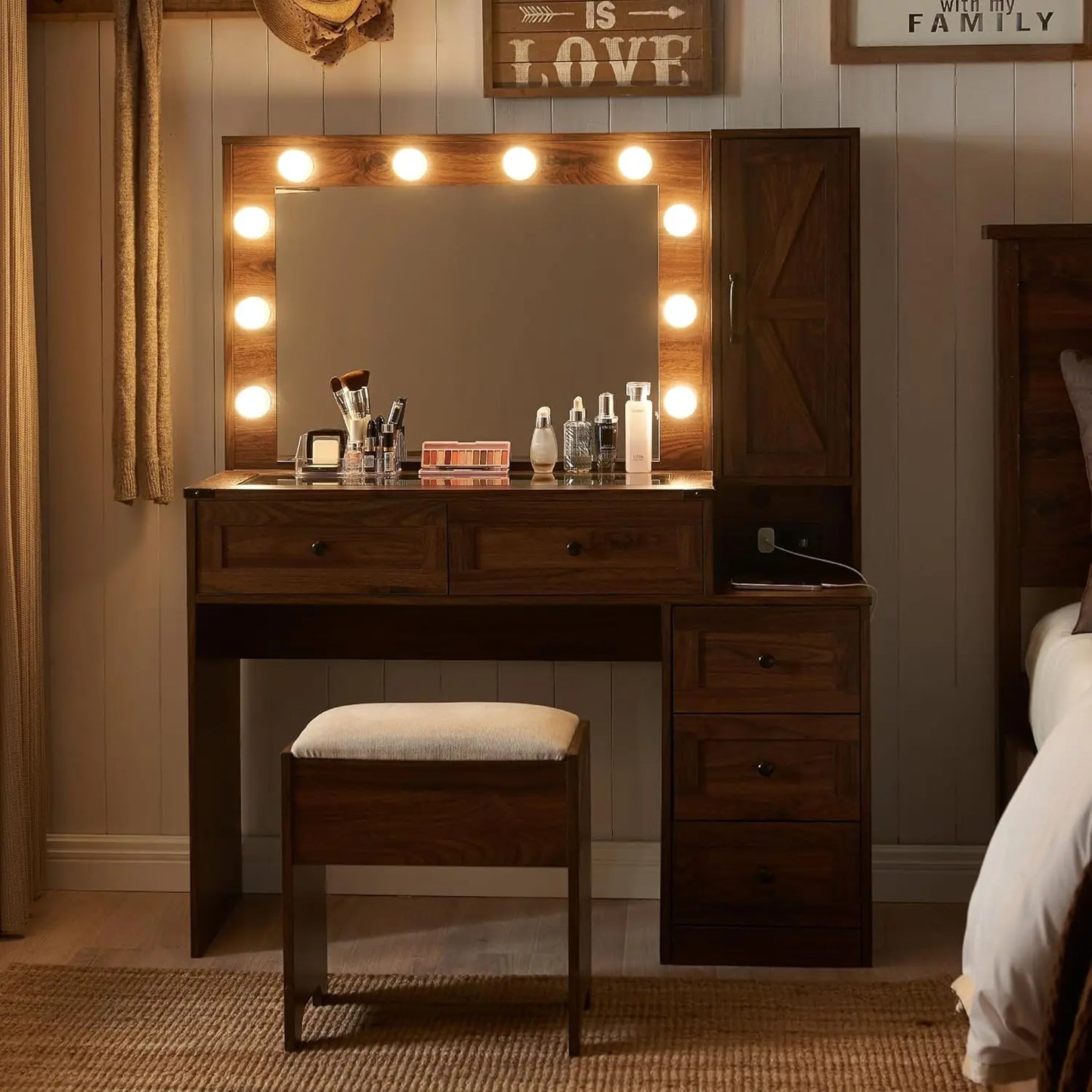 Farmhouse Vanity Makeup Desk with Charging Station