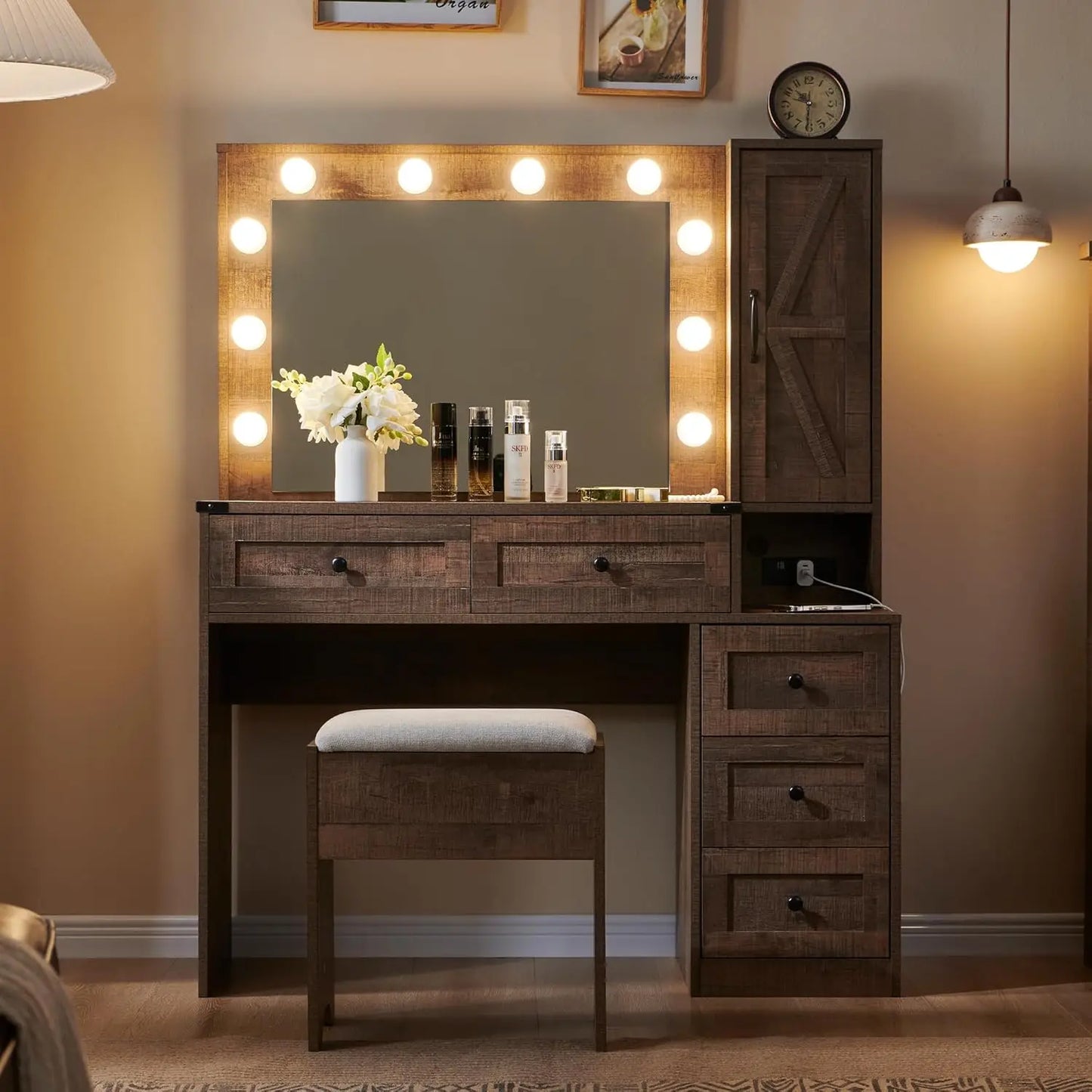 Farmhouse Vanity Makeup Desk with Charging Station