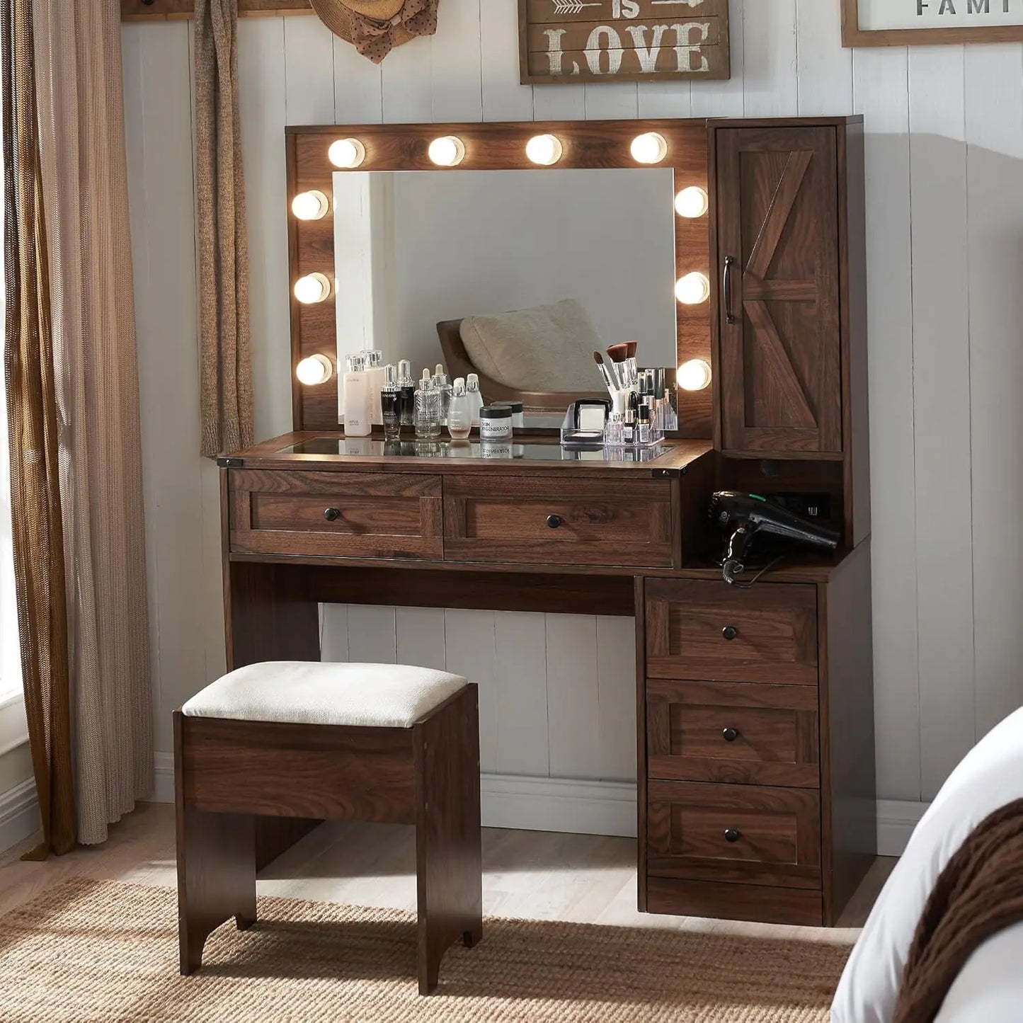 Farmhouse Vanity Makeup Desk with Charging Station